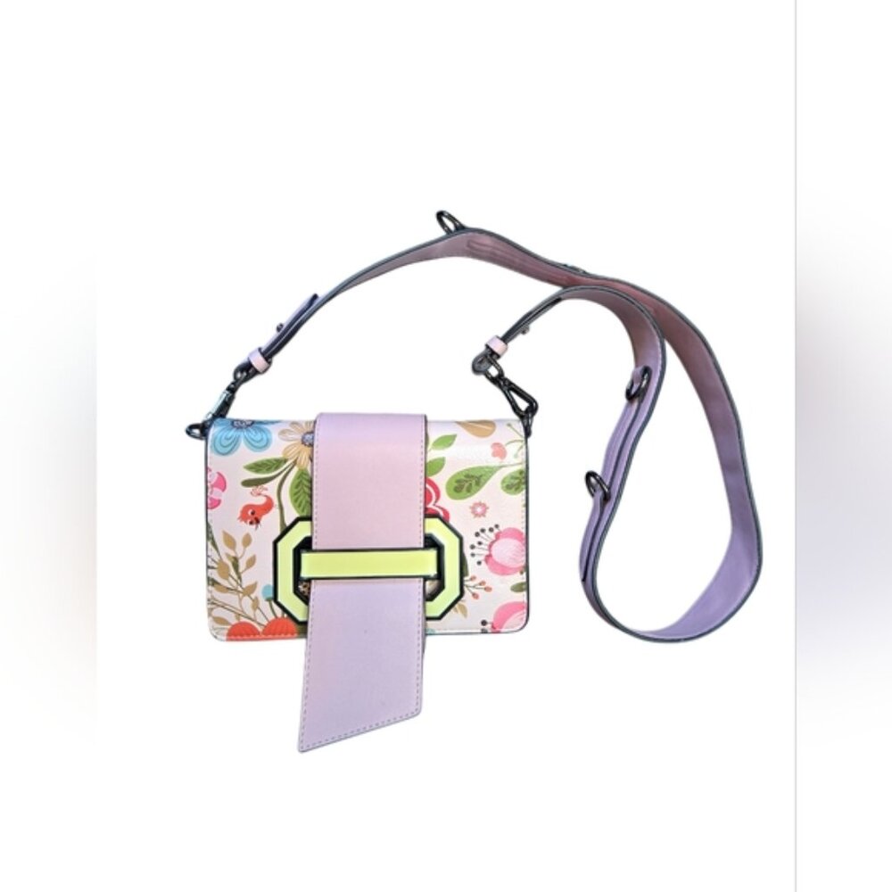 Carnete Floral Peddal Pink Bird Vegan Leather Small Crossbody Bag Soft Girl